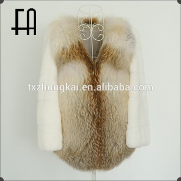 Factory directly wholesale price women's fashion red fox fur jacket with rex rabbit fur sleeve