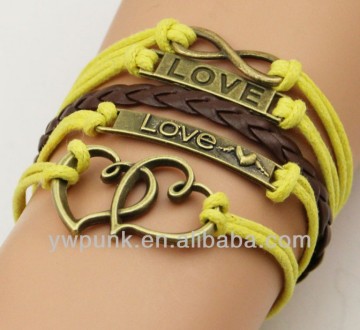 Supply DIY fashion handmade lots bronze LOVE thwartwise heartrs bracelets yellow braided China celebrity jewelry