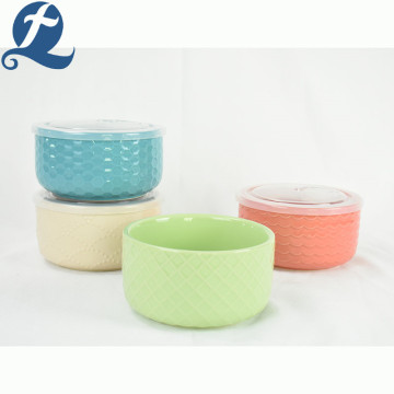 Emboss salad fruit storage ceramic bowl with lid