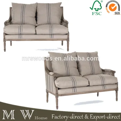 natural oak wood sofa with blue stripe, french country style sofa, french country sofa