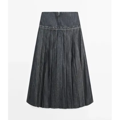 Women's retro denim minimalist commuting style box pleated denim skirt