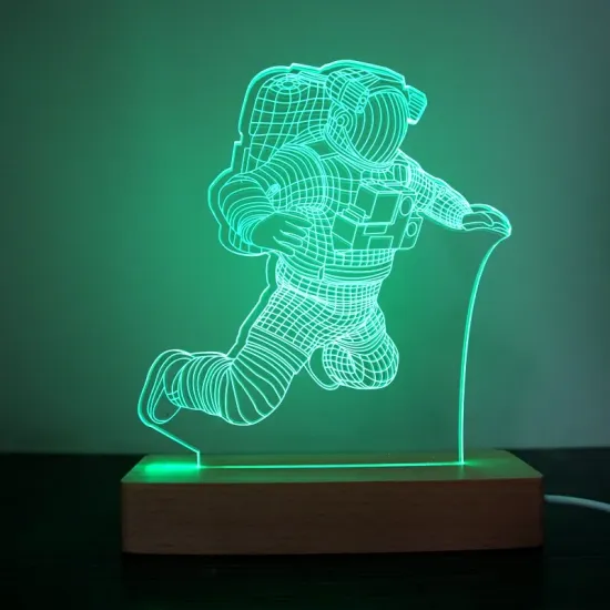 Cool Astronaut Shaped LED Night Light with 3D Effect and Square/Rectangle Wood Base