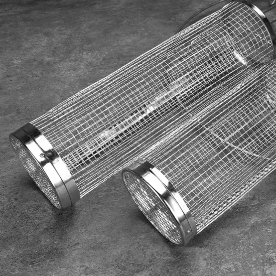 Portable Outdoor Camping BBQ Grill: Stainless Steel Rolling Rack with Mesh Cylinder Grate Basket