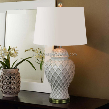Antique Brass Metal Base Ceramic Body Fabric Shade Modern Desk Lamp