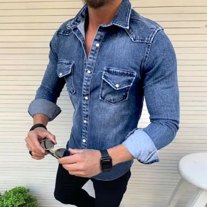 Men's Slim Fit Denim Jacket - Casual Long Sleeved Shirt Jacket