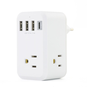 3 개의 USB 포트, 1 타입 C 및 1 개의 소켓이있는 미국 여행 플러그 어댑터 - 안전 벽 확장