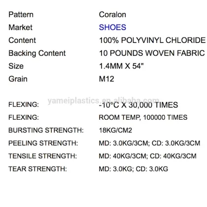 Coralon PVC artificial Leather cloth for Shoes