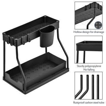 2-Tier Sliding Cabinet Basket Organizer with Hooks for Efficient Bathroom and Kitchen Storage