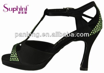 Black satin leather sole latin dancing shoe with green stones 736