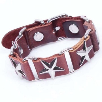 Fashion antique silver plated Five pointed metal star rivets real cow leather wrap bracelet for men and women wholesale