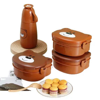 Double Buckle Leakproof Bear Lunch Box with Cutlery and Water Cup