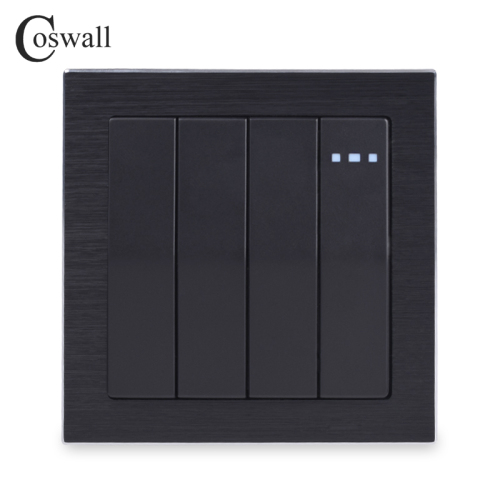 Coswall Luxurious 4 Gang Reset Switch Momentary Contact Switch Pulse Wall Switch Push Button Knight Black Aluminum Metal Panel