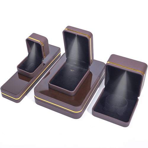 Luxury Brown Leather Ring LED Jewelry Storage Box