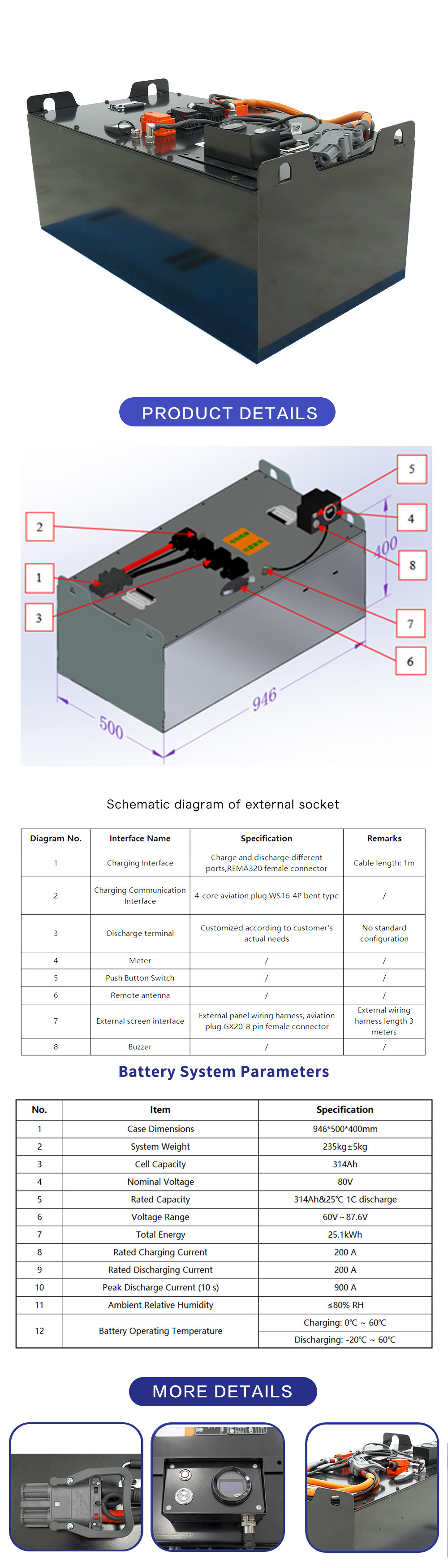 Details page Counterbalance Forklift Battery LD0211-80V314Ah