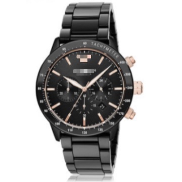 Reloj para hombre con cronógrafo de cerámica negro de alto brillo de 43mm, esfera negra mate, bisel taquímetro con acento de oro rosa, tres subesferas, indicador de fecha