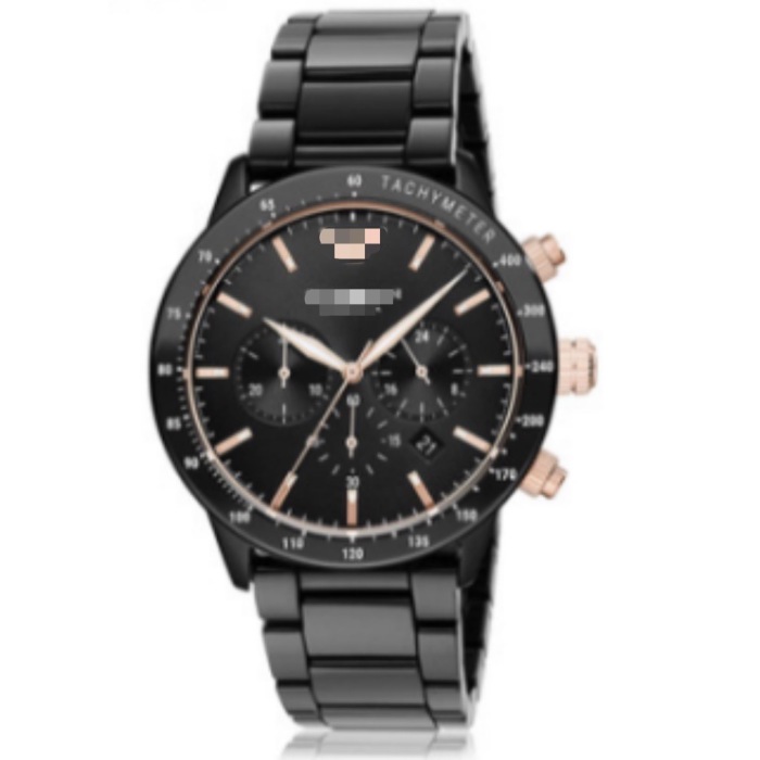 Reloj para hombre con cronógrafo de cerámica negro de alto brillo de 43mm, esfera negra mate, bisel taquímetro con acento de oro rosa, tres subesferas, indicador de fecha