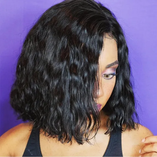 Wholesale 100% Virgin Human Hair Silk Top Short Natural Black Bob Lace Wig For Black Women