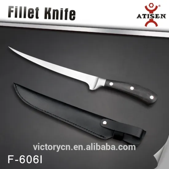 high quality 9" wooden handle fillet Knife with PU sheath F-606L