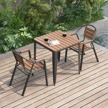 Hot Sale Outdoor Aluminium Cafe Table with Wood-Like Top & Chairs