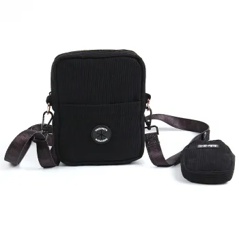 Customizable Black Nylon and Corduroy Pet Walking Shoulder Strap Bag