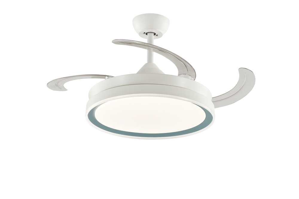 Ventilateur de plafond blanc avec abat-jour bleu