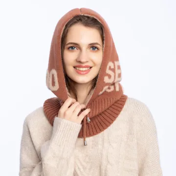 High Quality Knitted Wool Scarf Hat with Drawstring Balaclava Style Hooded Hijab Cap