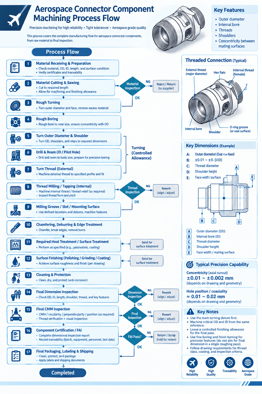aerospace connector component cnc machining process flow