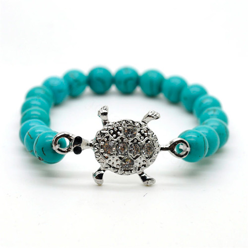 Turquoise 8MM perles rondes Bracelet extensible de pierres précieuses avec pièce de tortue en alliage Diamante