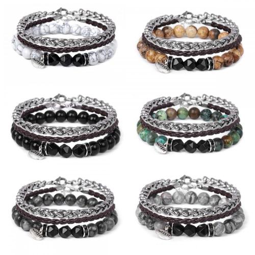 New Style 3pc a Set Gemstone Round Beads Bracelet Leather Bangle for Men