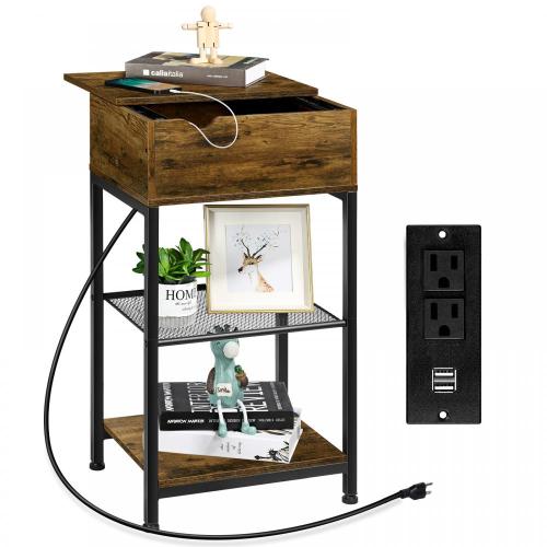 Wooden Storage Rack Industrial Slide Bedside Table Nightstand with Storage Shelf Factory