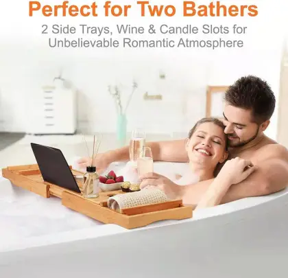 Bamboo Bath Caddy Tray Wooden Bathtub Adjustable Holder