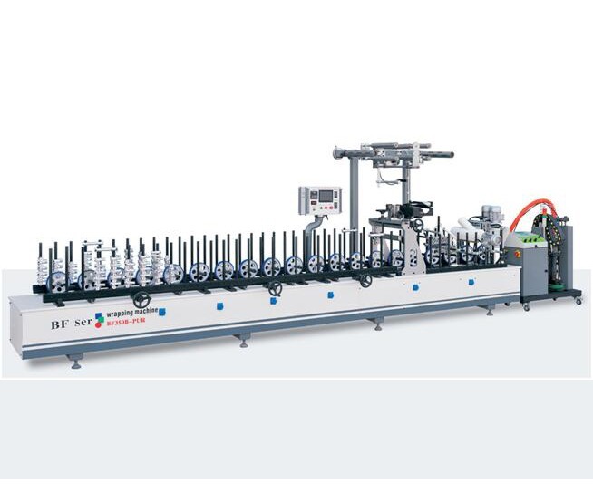 Automatic Hot Melt Adhesive Profile Wrapping Machine with PUR Glue for Wood Frame Making