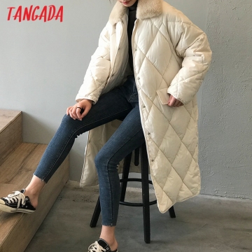 Tangada 2020 Winter Women Fur Collar Oversize Long Parkas Thick Long Sleeve Pockets Female Warm Cotton Overcoat ASF58