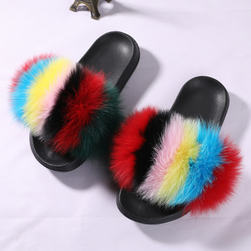 wholesale kids fur slides super soft fox fur slippers women