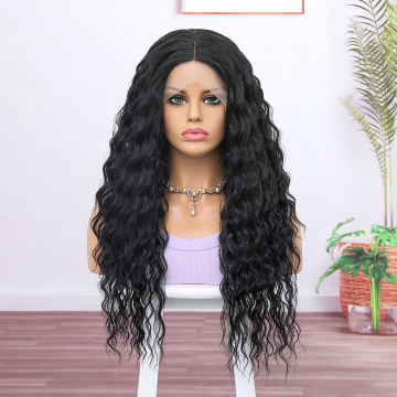 High Quality 28 Inches Water Wave Black Heat Resistant Synthetic Lace Frontal Wigs for Black Women