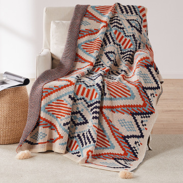 Super Soft Knit Bohemian Aztec Black Acrylic Throw Blanket with Tassels