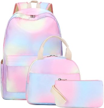 Rainbow Tie Dye Girls Backpack, School Bag, Set Includes Lunch Box and Pencil Case