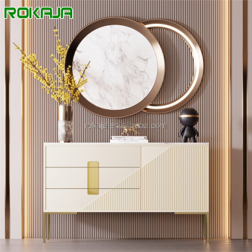 Minimalist Rock Slab Porch Sideboard: Metal Frame Dining Cabinet with 3 Drawers