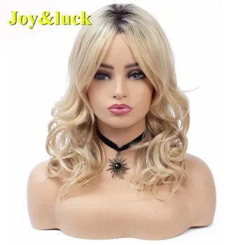 Women Wig Wholesale Prices Daily Life Party Dark Root Mid-length Black Ombre Blonde Natural Curl Middle Part Synthetic Full Wigs