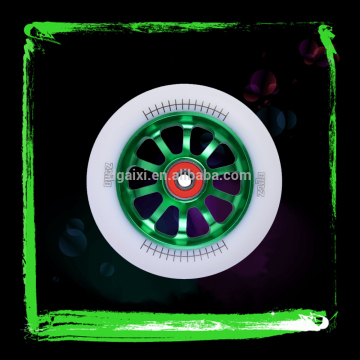 Customized TW05 10 Spoked Green Aluminum Hub 110mm High Rebound White PU CNC Skate Scooter Wheel