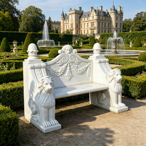 Elegant White Marble Garden Bench with Lion Statues