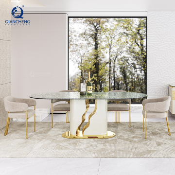 Conjunto de comedor de villa de lujo moderno: base de acero inoxidable de ondas mesa elegante