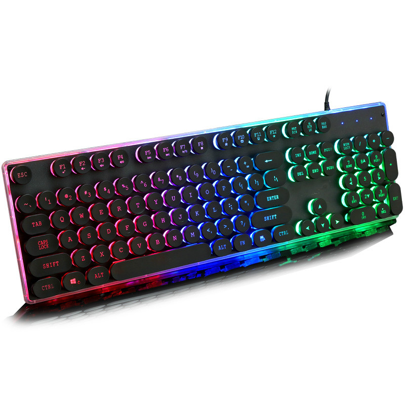 Gaming Russian English Keyboard Retro Round Glowing Keycap Metal Panel Backlit USB Wired Illuminated Border