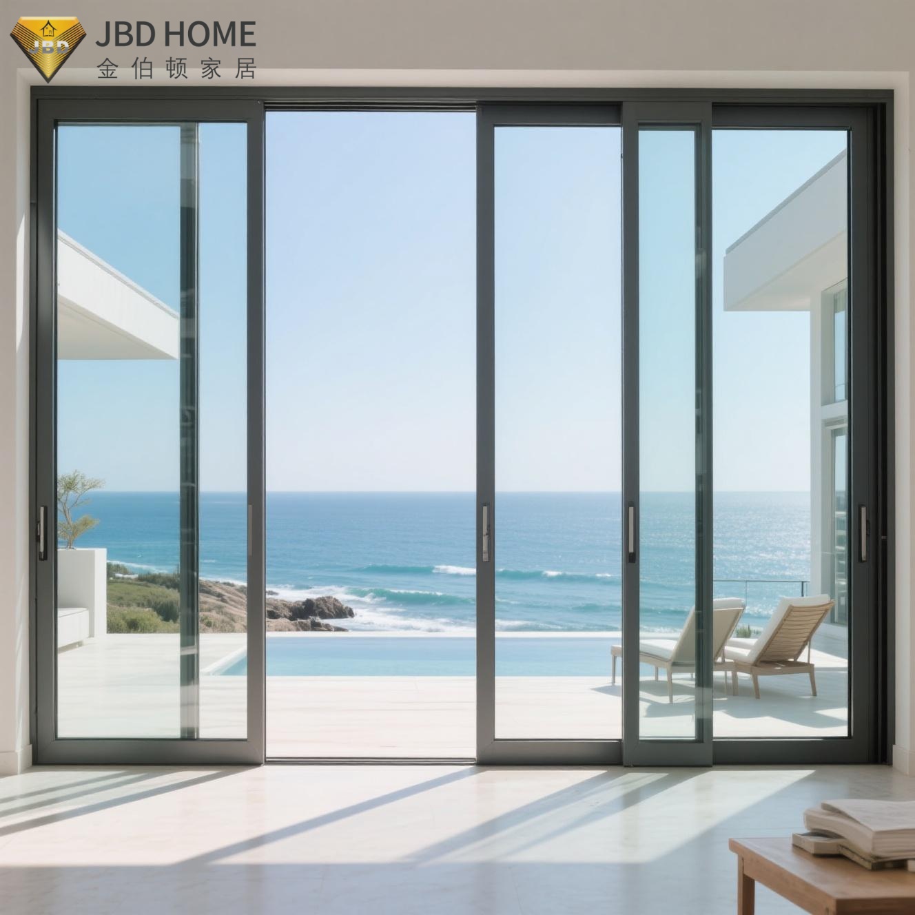 Porta scorrevule d'aluminiu certificata in villa costiera di lussu cù vista di l'orizzonte