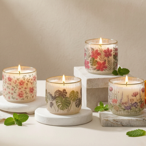 Portacandele in vetro decorativo con coperchio in ferro