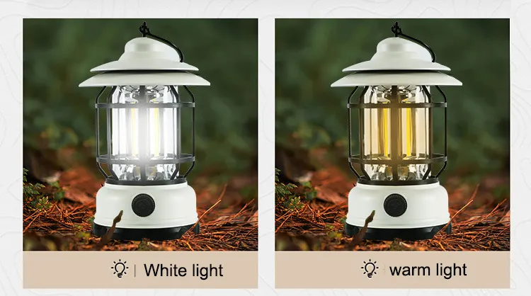 Linterna LED portátil para acampar con diseño retro y batería recargable