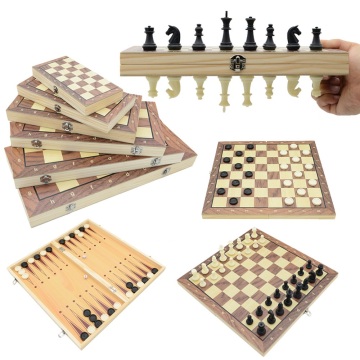 Wooden 3-in-1 Chess Board Set: Folding Storage for Adults and Kids