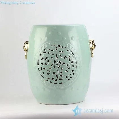 Celadon Glaze Golden Pleated Lion Ring Handle Carved Ceramic Stool