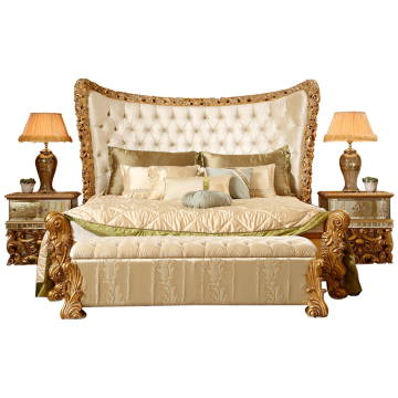 Luxurious French King Size Solid Wood Bed with Gold Foil Hand Carving