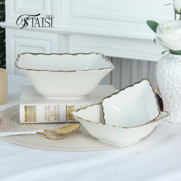 RY008BowlS Gold-Rimmed Ceramic Cereal Bowl Set - 4.5/6/8 Inch Square Porcelain for Restaurant Catering and Hotel Buffet Dinnerware